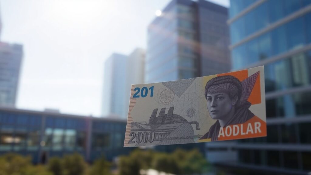Australian dollars and cityscape background