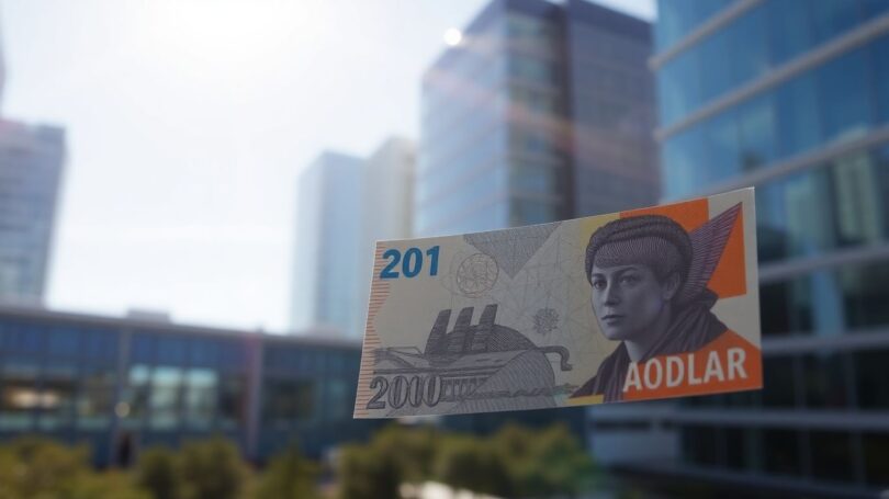 Australian dollars and cityscape background
