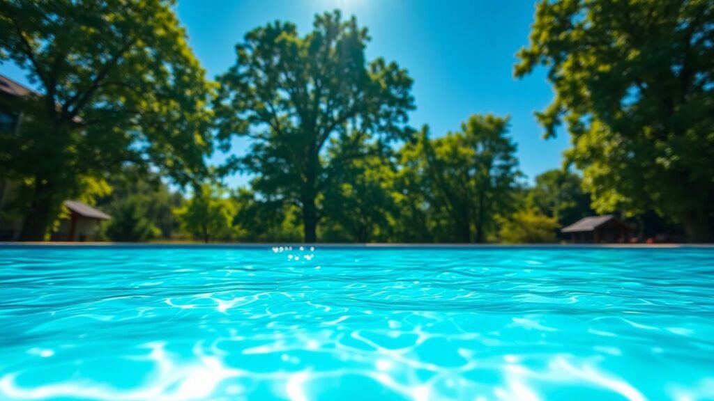 Blue swimming pool water with sunlight glinting.