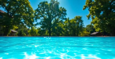 Blue swimming pool water with sunlight glinting.