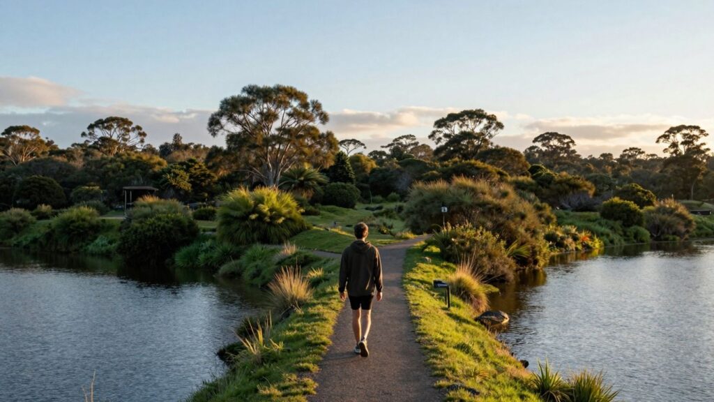 Person walking on path, Australian sunrise, healing journey.