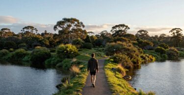 Person walking on path, Australian sunrise, healing journey.