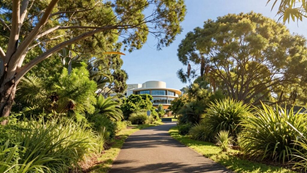 Australian landscape with path to building.