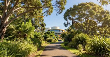 Australian landscape with path to building.