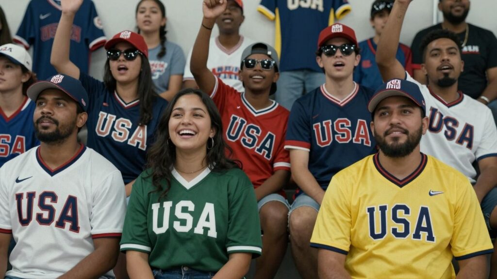Fans in USA sports clothing celebrating.