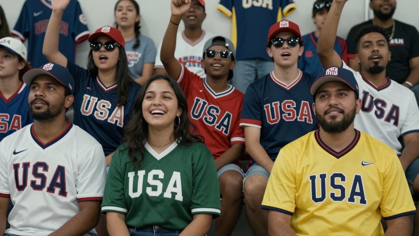Fans in USA sports clothing celebrating.