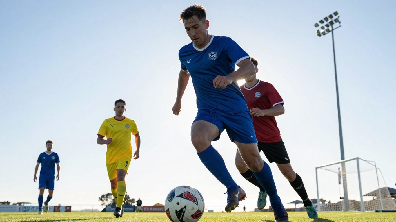 Fremantle 5-a-side football players in action on a green pitch.
