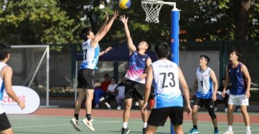 Netball players competing on a sunny outdoor court.