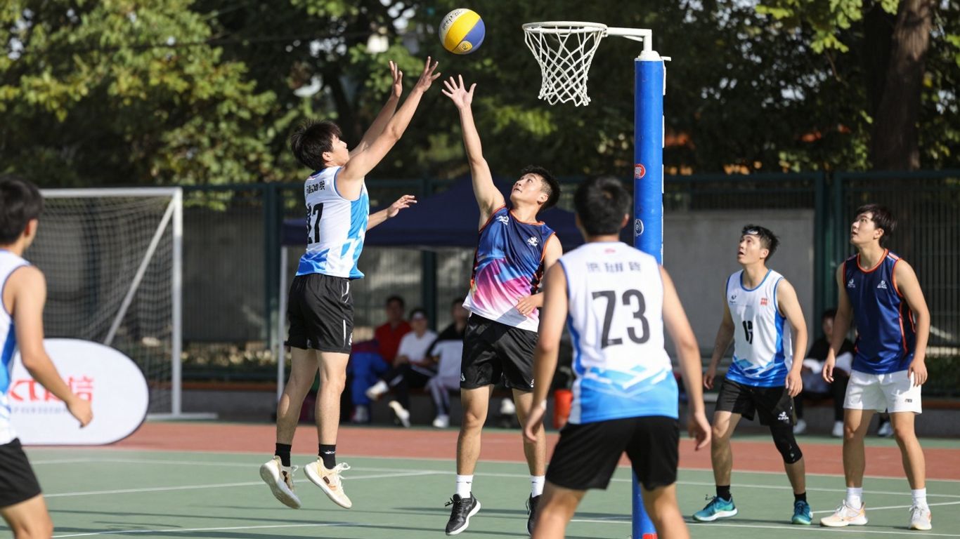 Netball players competing on a sunny outdoor court.