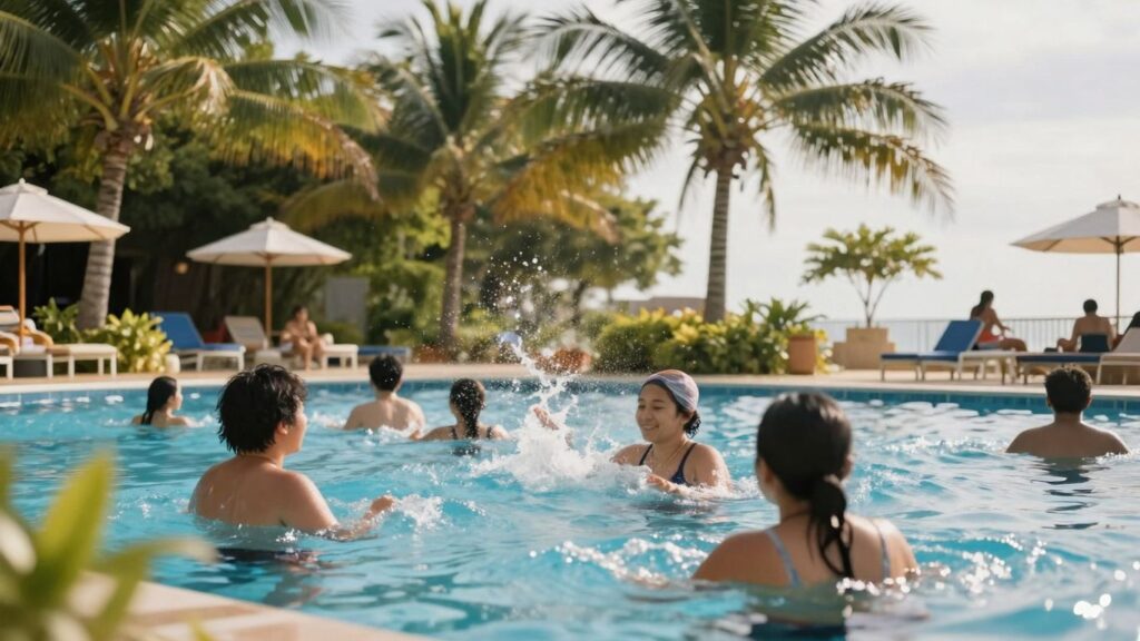 People swimming in a sunny outdoor pool at Paragon Swimming Centre.