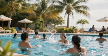 People swimming in a sunny outdoor pool at Paragon Swimming Centre.