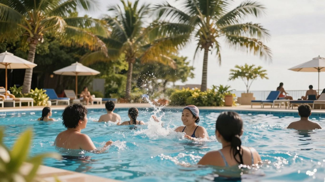 People swimming in a sunny outdoor pool at Paragon Swimming Centre.
