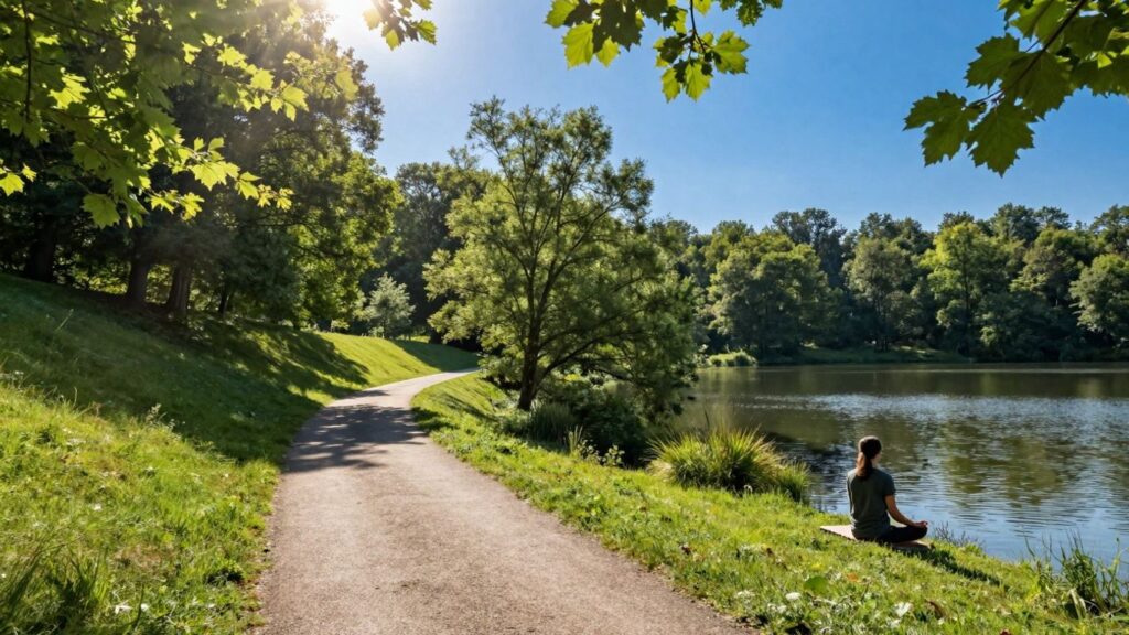 Person meditating by a tranquil lake in nature.