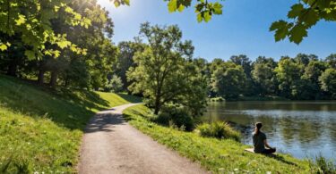 Person meditating by a tranquil lake in nature.