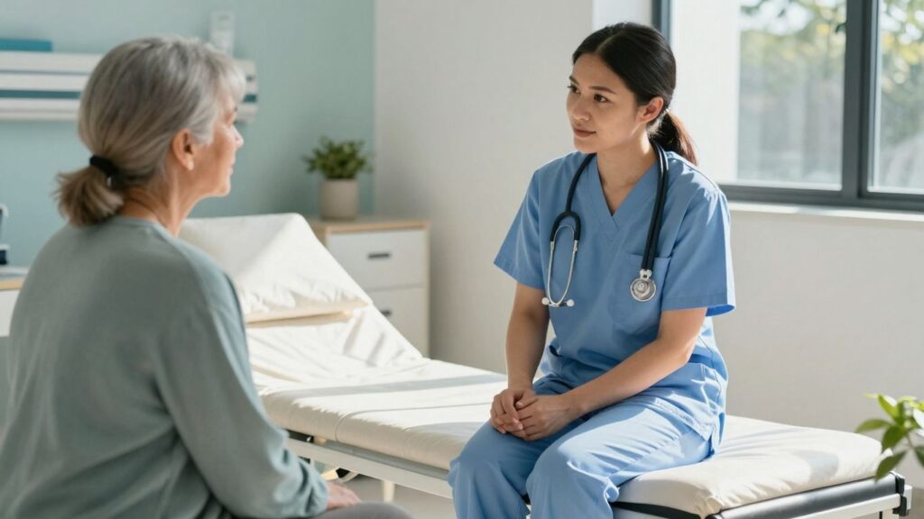 Mental health nurse supporting patient in Australian healthcare setting.