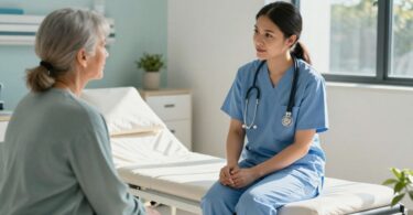 Mental health nurse supporting patient in Australian healthcare setting.