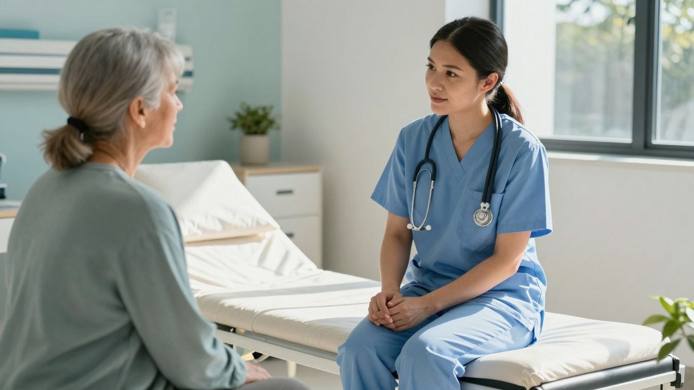 Mental health nurse supporting patient in Australian healthcare setting.