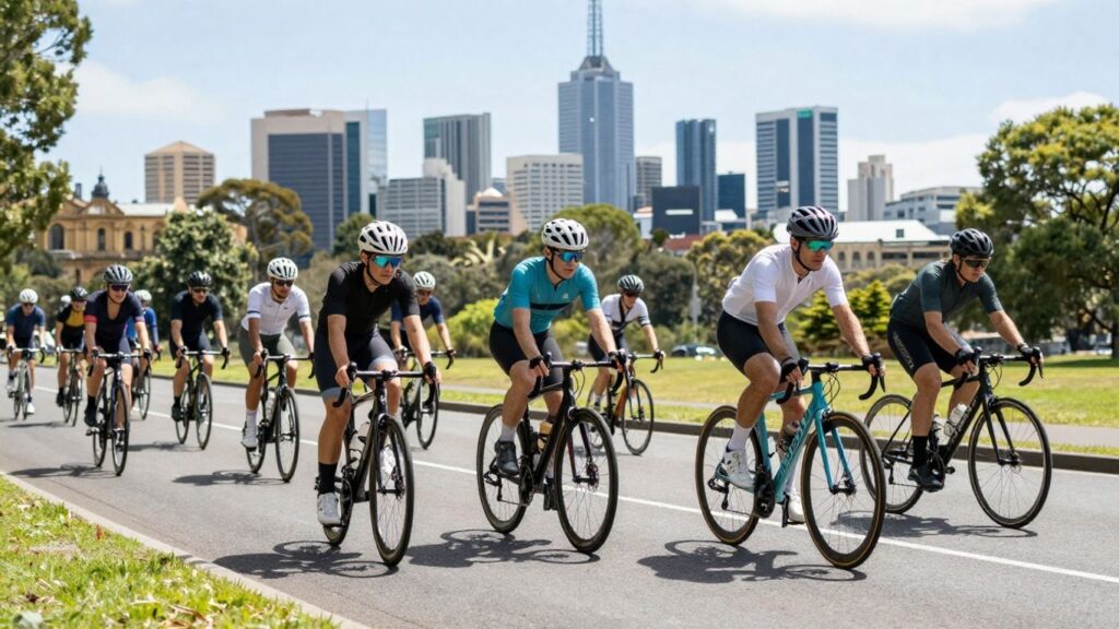 Cyclists riding on a scenic Melbourne road.