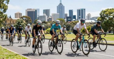 Cyclists riding on a scenic Melbourne road.