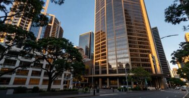 Salesforce Tower, Sydney, at sunset.