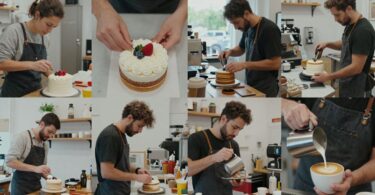 Small business owners working, news headlines background.