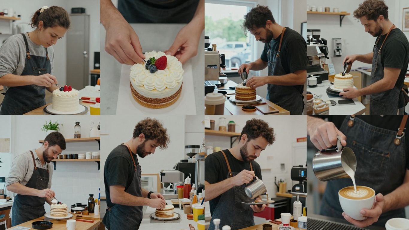 Small business owners working, news headlines background.