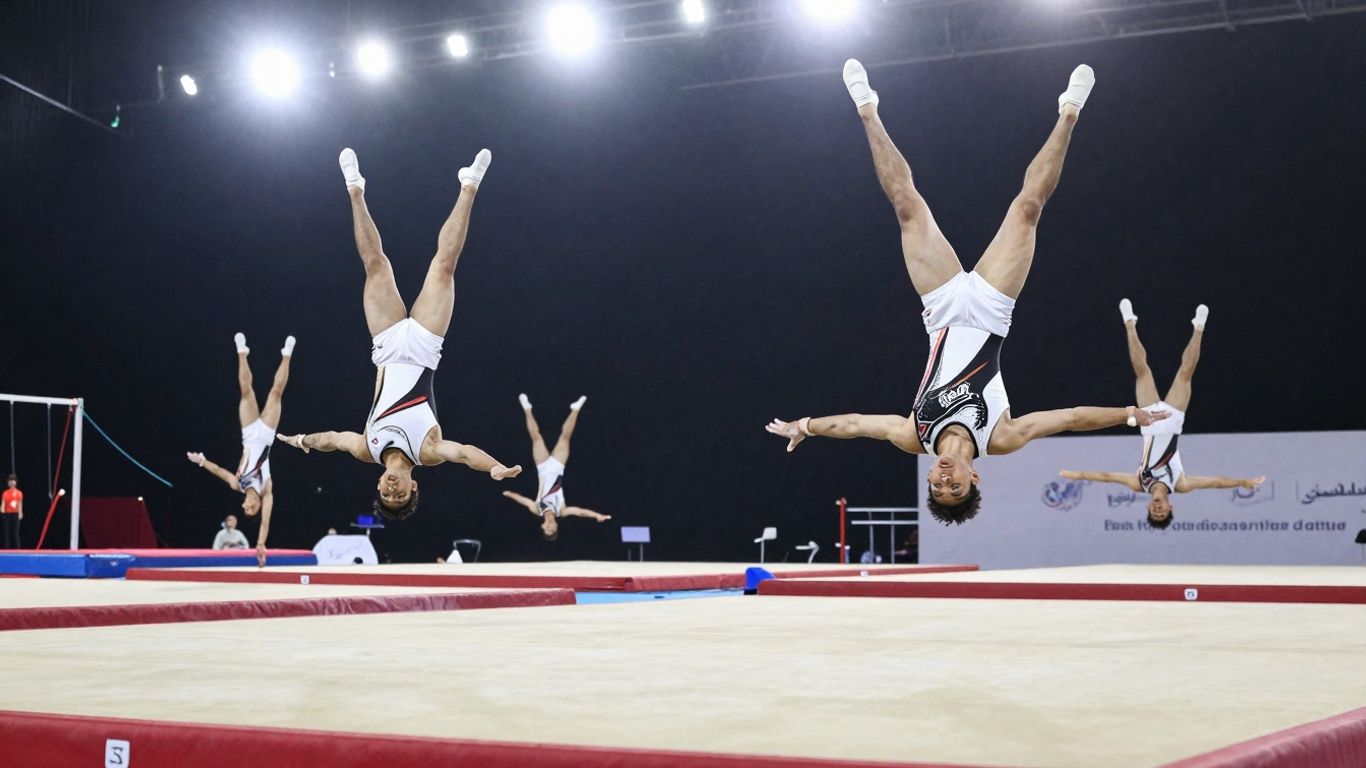 Elite gymnasts performing aerial acrobatics in a training facility.