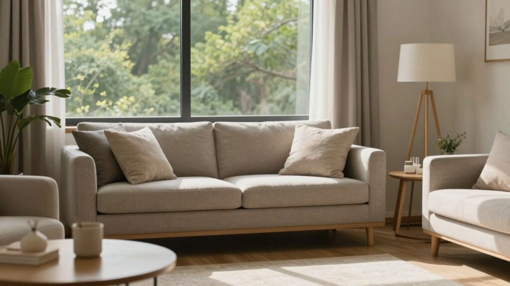 Peaceful room in a detox centre with green trees outside.