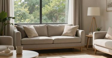 Peaceful room in a detox centre with green trees outside.