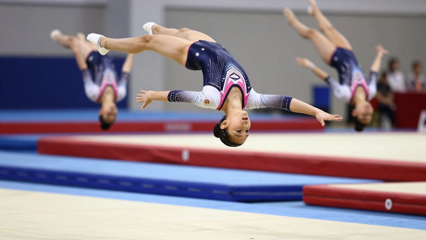 Young gymnasts leaping and tumbling with energy.