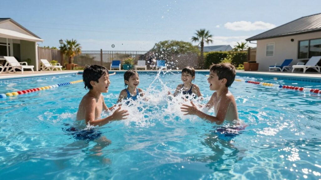 Kids splashing in a bright blue swimming pool.