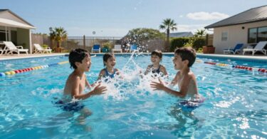 Kids splashing in a bright blue swimming pool.