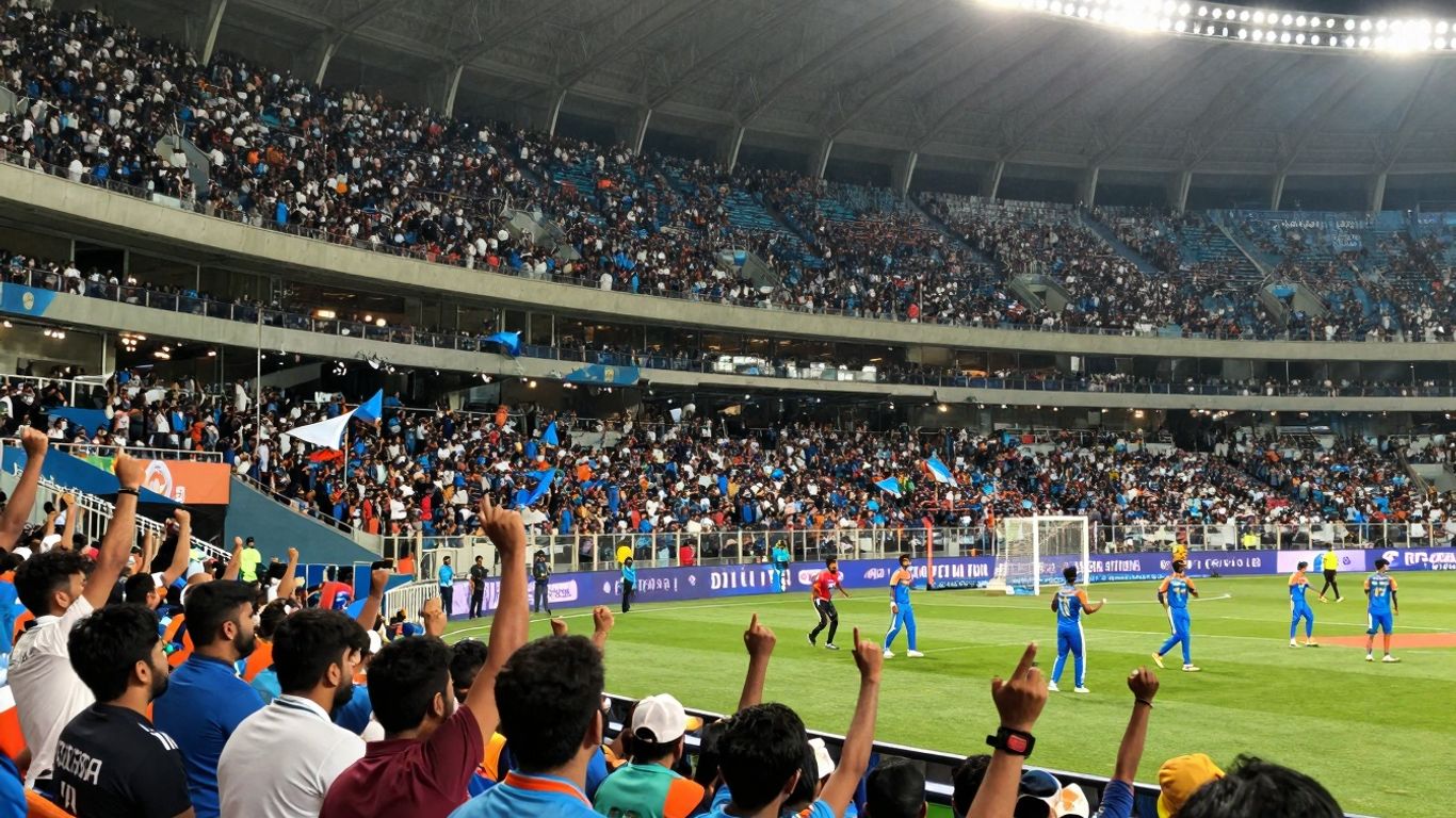 Indian sports fans cheering in a brightly lit stadium.