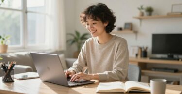 Australian person working from home on laptop.