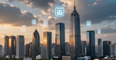 Modern cityscape with glowing digital news icons at dawn.