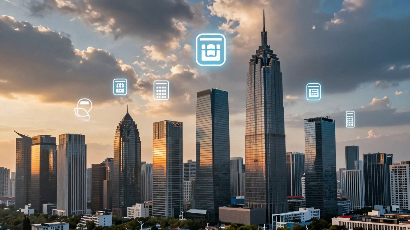 Modern cityscape with glowing digital news icons at dawn.