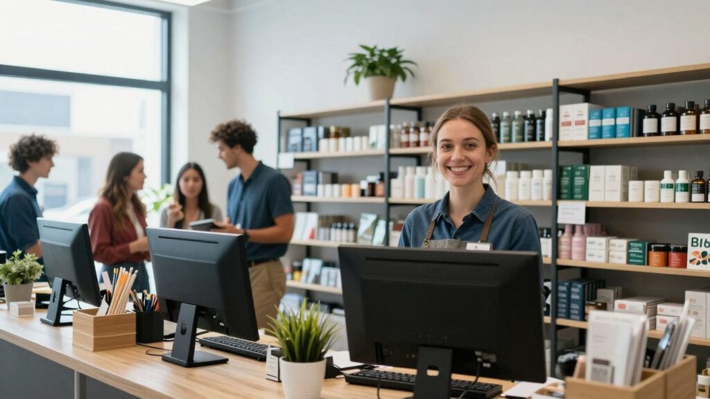 Small business interior with customers and products.