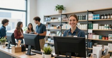 Small business interior with customers and products.