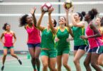 Netball players in colourful uniforms playing a game.
