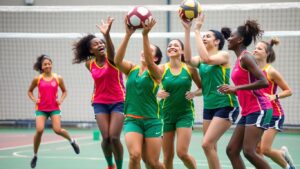 Netball players in colourful uniforms playing a game.