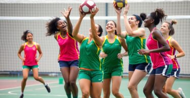 Netball players in colourful uniforms playing a game.
