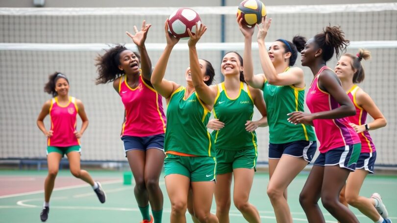 Netball players in colourful uniforms playing a game.