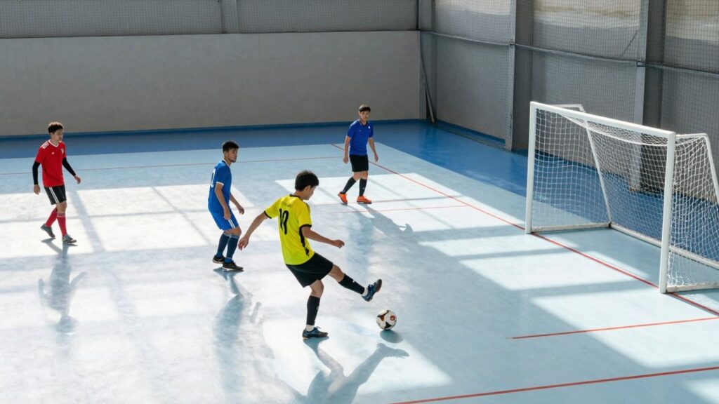 Indoor soccer pitch with players in action