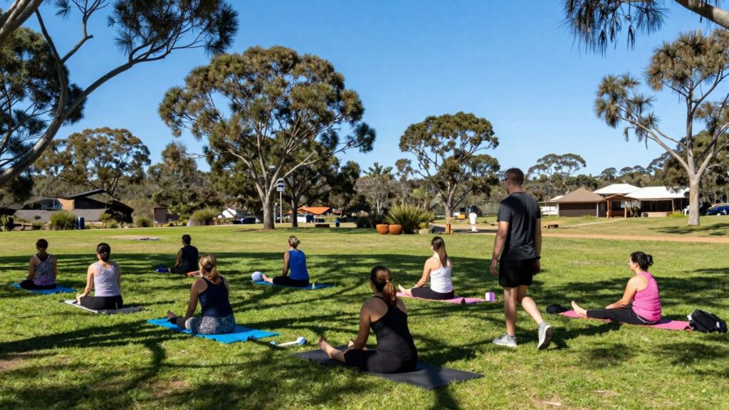 People enjoying outdoor activities in a sunny Australian landscape.