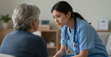 Nurse communicating empathetically with a patient.