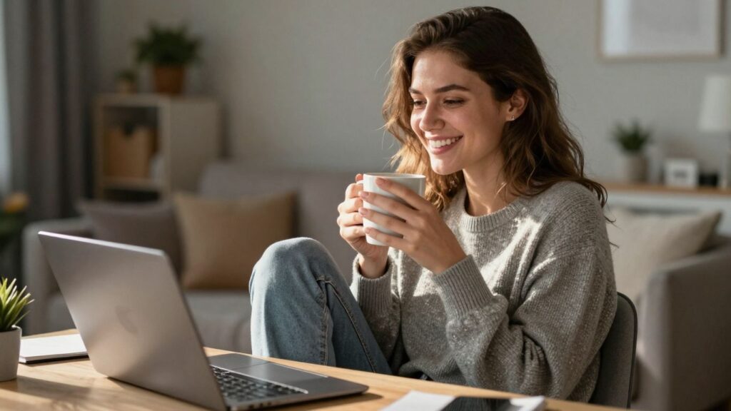 Woman working from home, smiling with laptop and coffee.