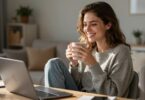 Woman working from home, smiling with laptop and coffee.