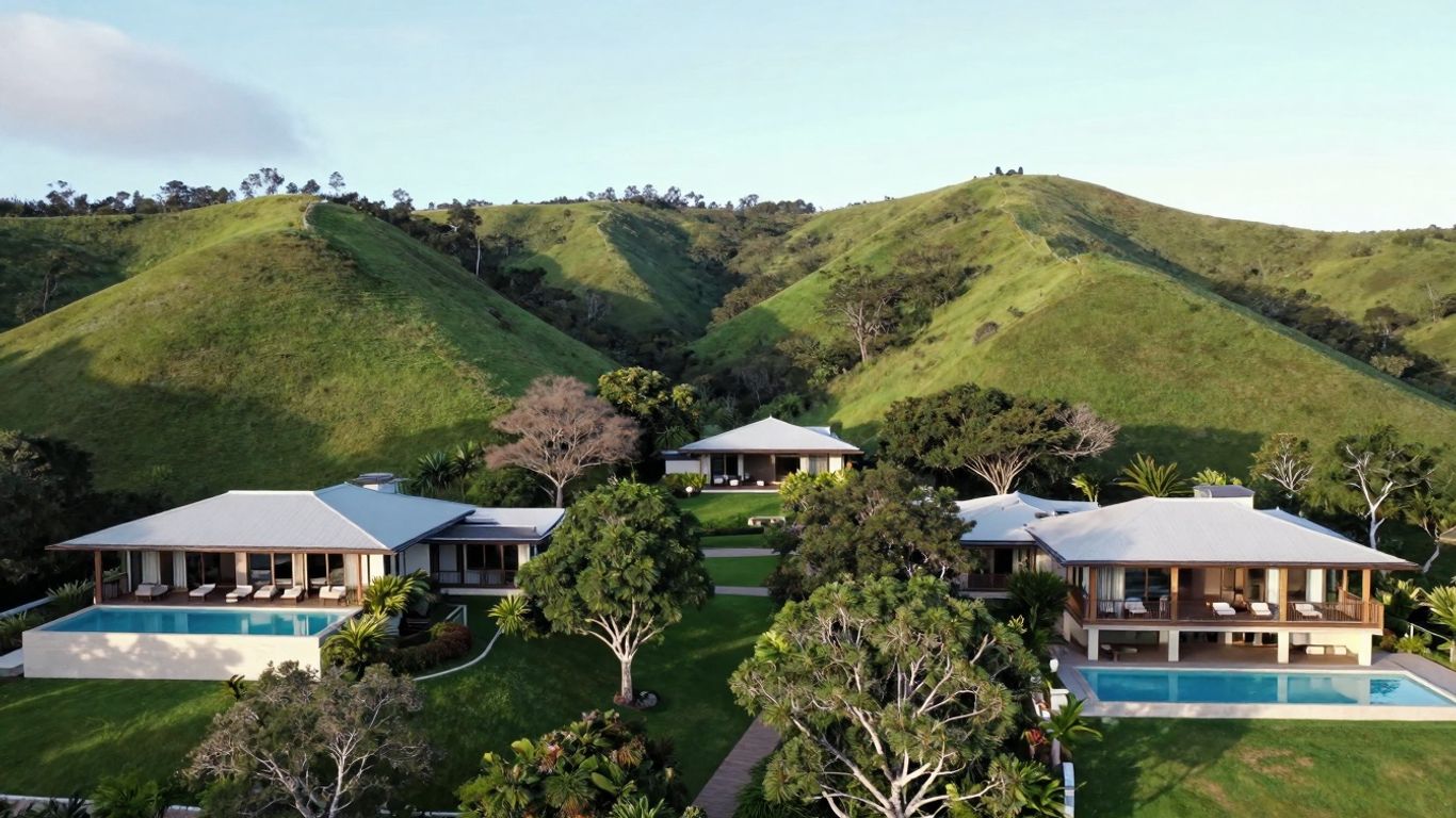 Gaia Retreat Byron Bay aerial view, tranquil pools, lush hills.