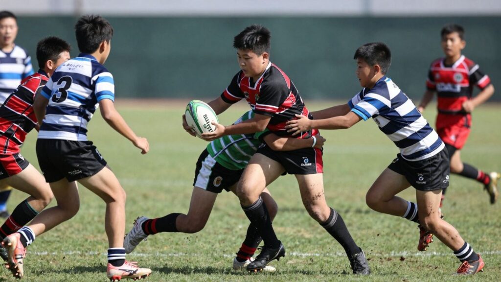 Young rugby league players in action on a green field.