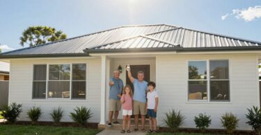 Family outside new Queensland home, holding keys.